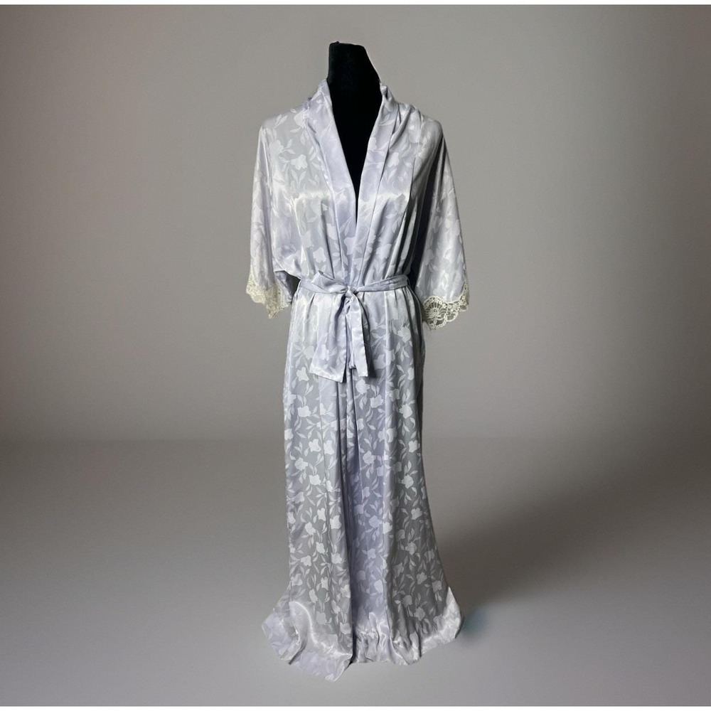 Christian Dior Vintage 1970s Robe Womens Medium Full Length Lace Trim lilac Belt